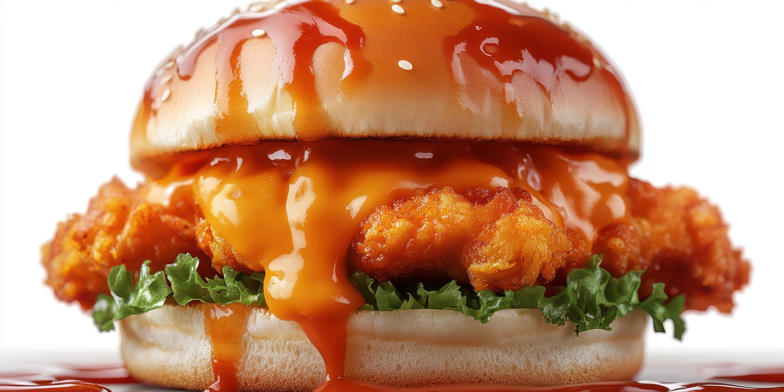 Mouthwatering spicy chicken sandwich topped with sauce and fresh lettuce on a sesame seed bun